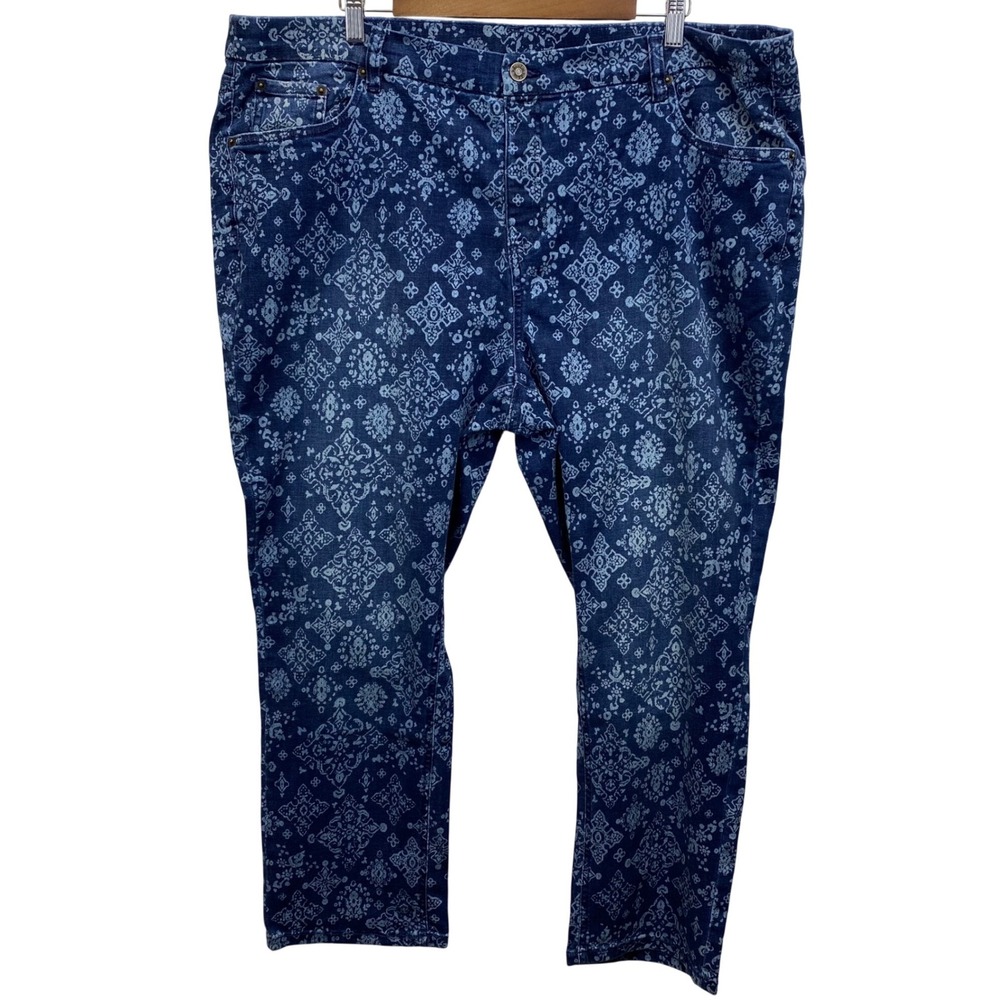 Denim &‎ Co. Cropped Jeans Womens 26WP Blue Mandala Geometric Print Stretch Boho